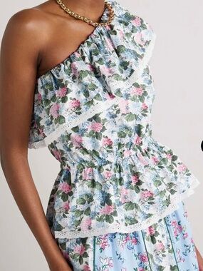 Loretta Caponi Dafne One Shoulder Lace Trim Floral Cotton Poplin Top Italy L